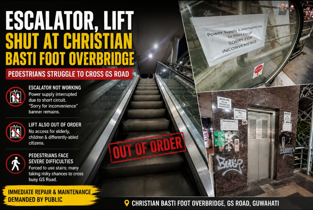 Escalator, Lift Shut at Christian Basti Foot Overbridge; Pedestrians Struggle to Cross GS Road